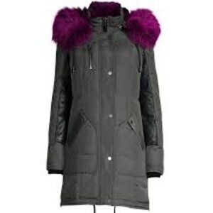 Nicole Benisti Chelsea Down Parka Size M Black Purple Rabbit Fox Fur Jacket Coat